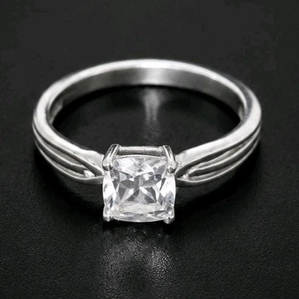 Square Colorless Rhinestone Sterling Silver Engagement Ring Size 6 R-TN41